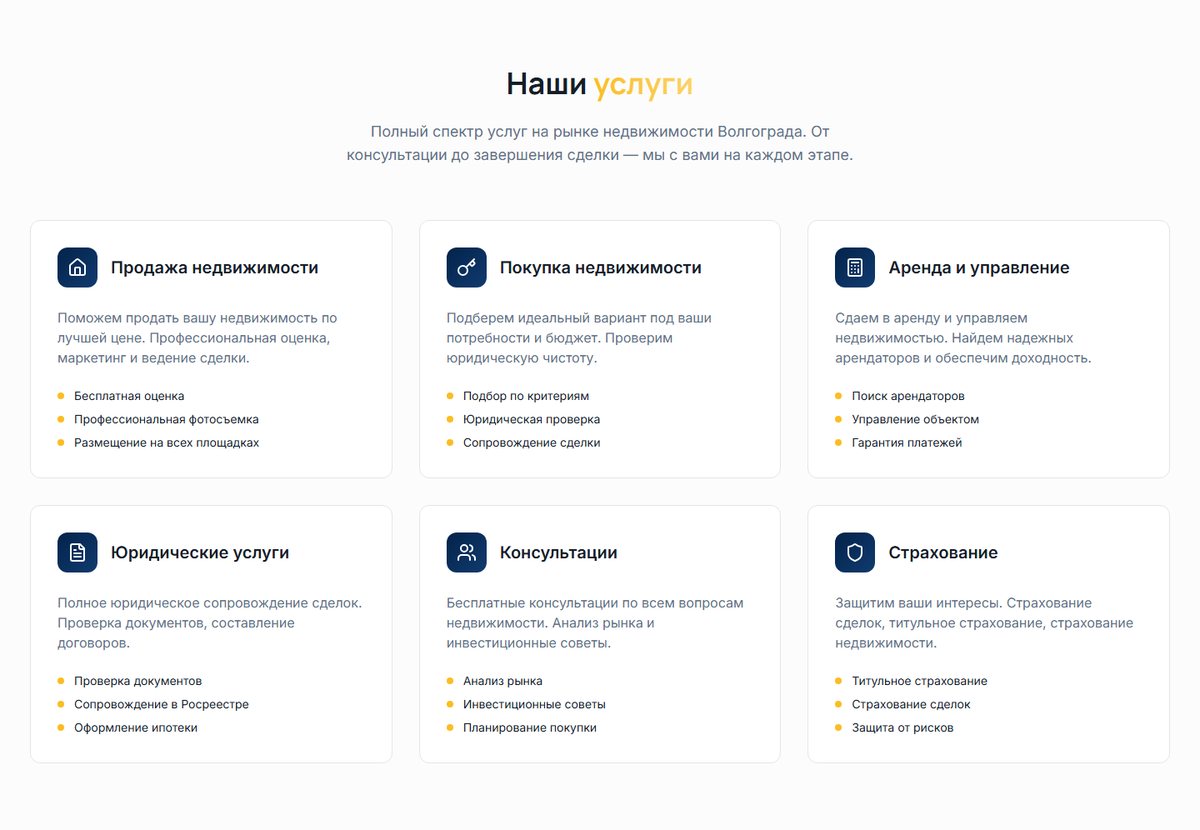 Раздел «Наши услуги» – шесть карточек услуг агентства